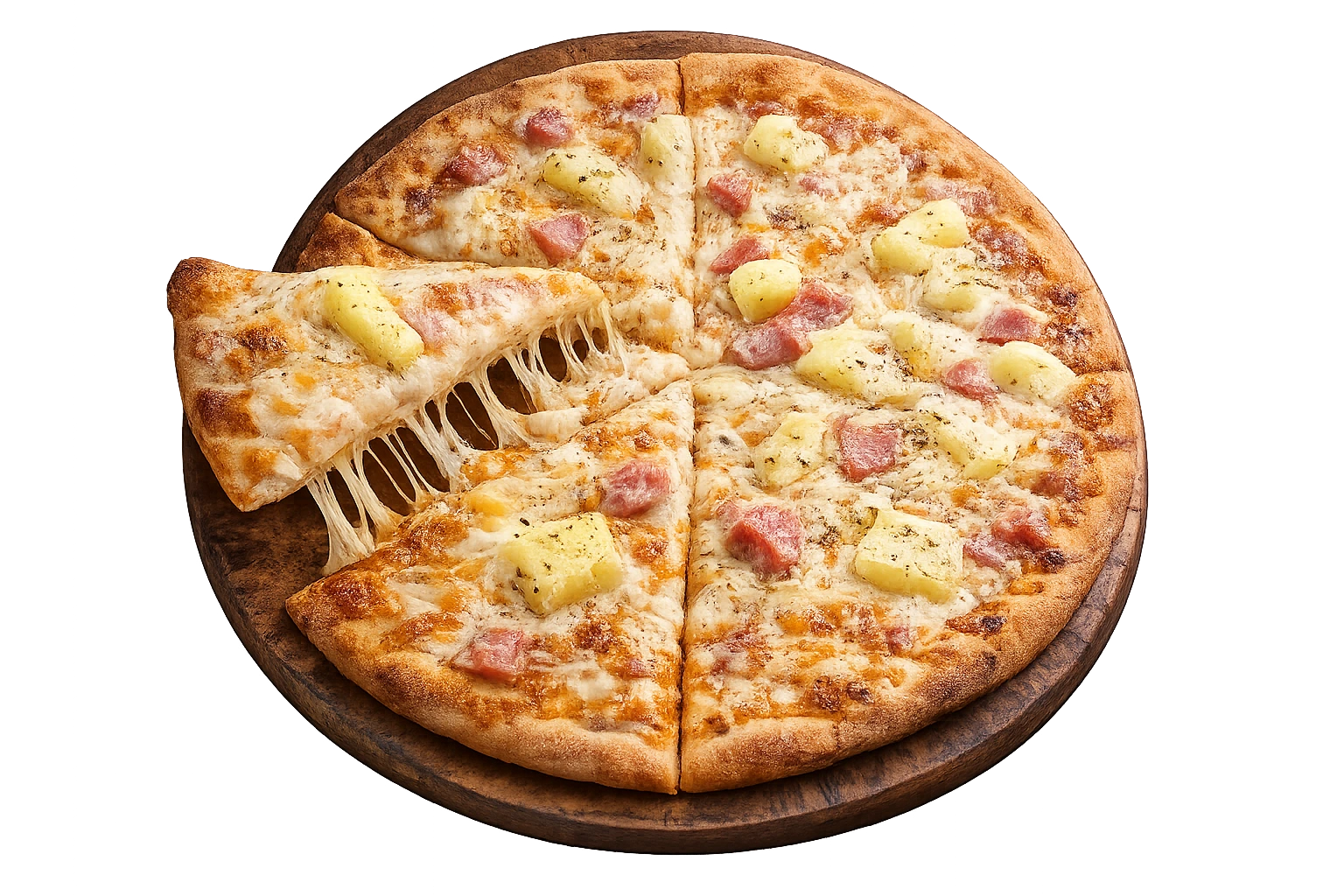 A Pogo's ham and pineapple pizza on a wooden board, one slice lifting away.