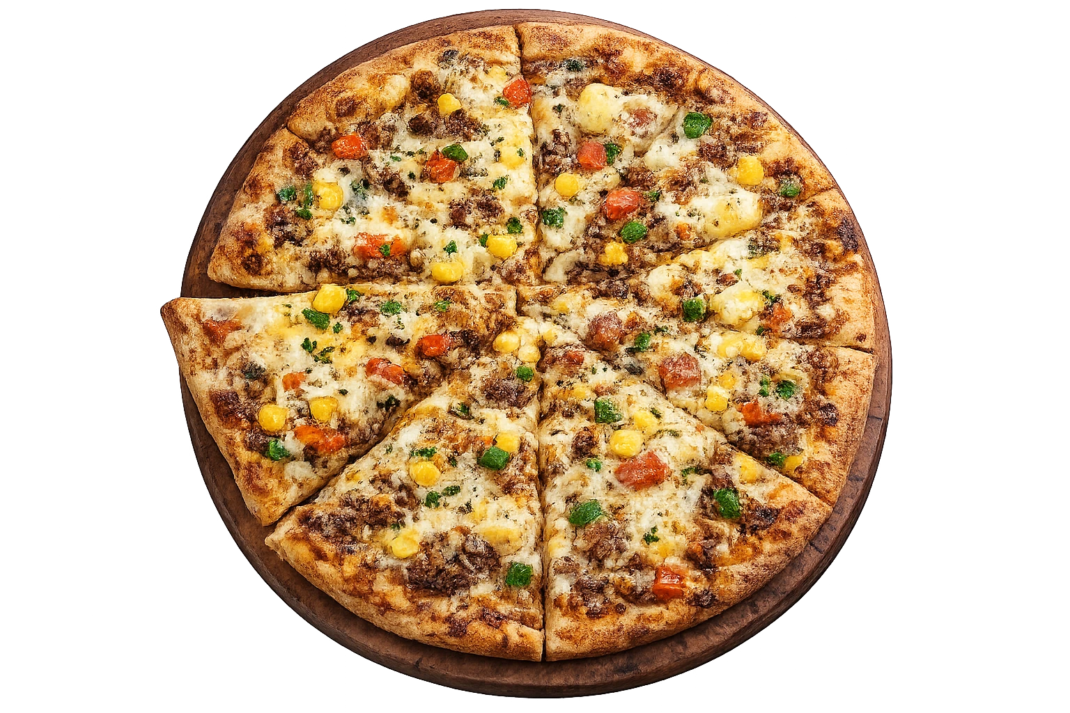 A Pogo's mince pizza topped with beef, sweetcorn, peppers and tomato.